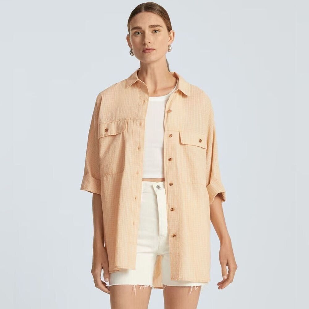 Everlane The Cotton Tourist Top XXS Orange Button Down Oversized Plaid NEW B30